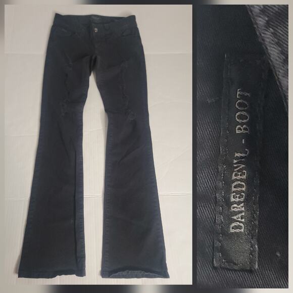Guess Jeans SZ 26 Black Y2K Low Rise Daredevil Bootcut Stretch Distressed Pants - Picture 1 of 13